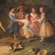 Peinture de scène de genre française d'un parc avec des enfants jouant.