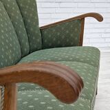 Canapé danois 3 places des années 1950, tissu en laine d'ameublement vert/beige, bois de chêne.