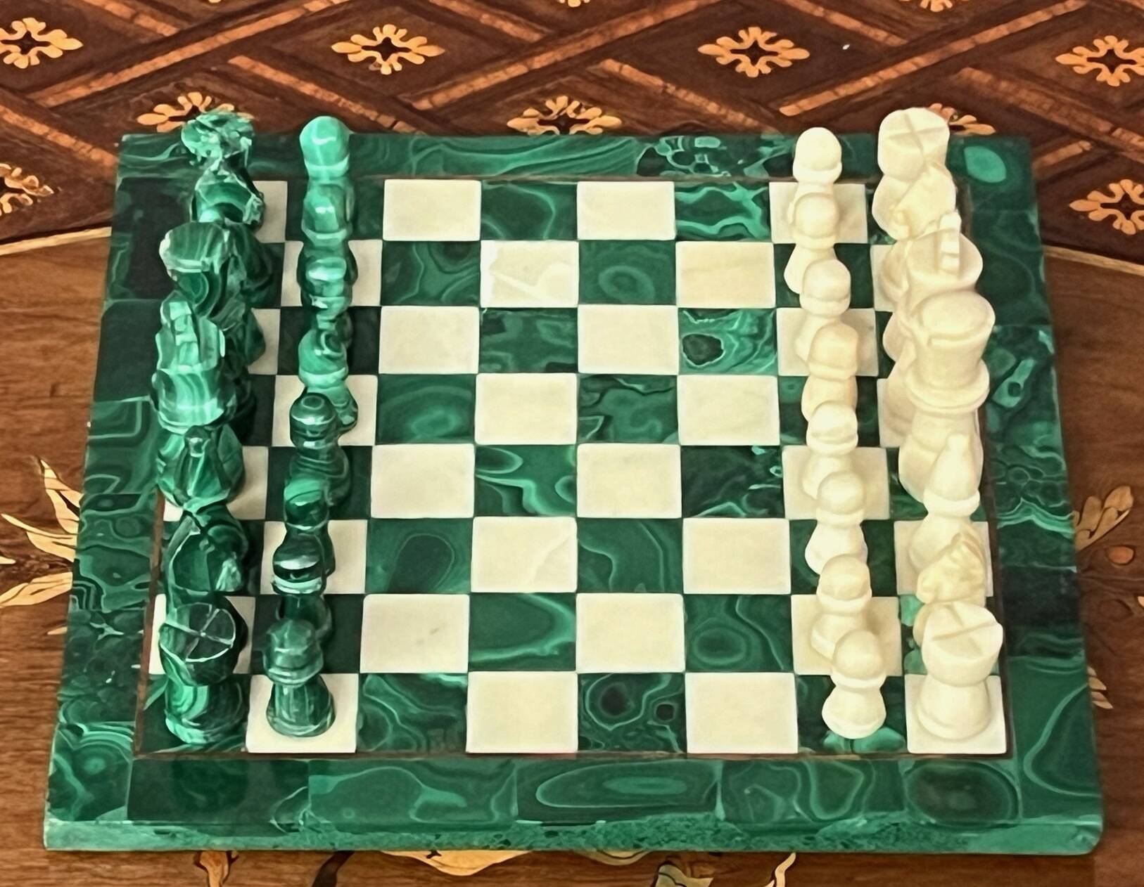 Handmade malachite chess set.