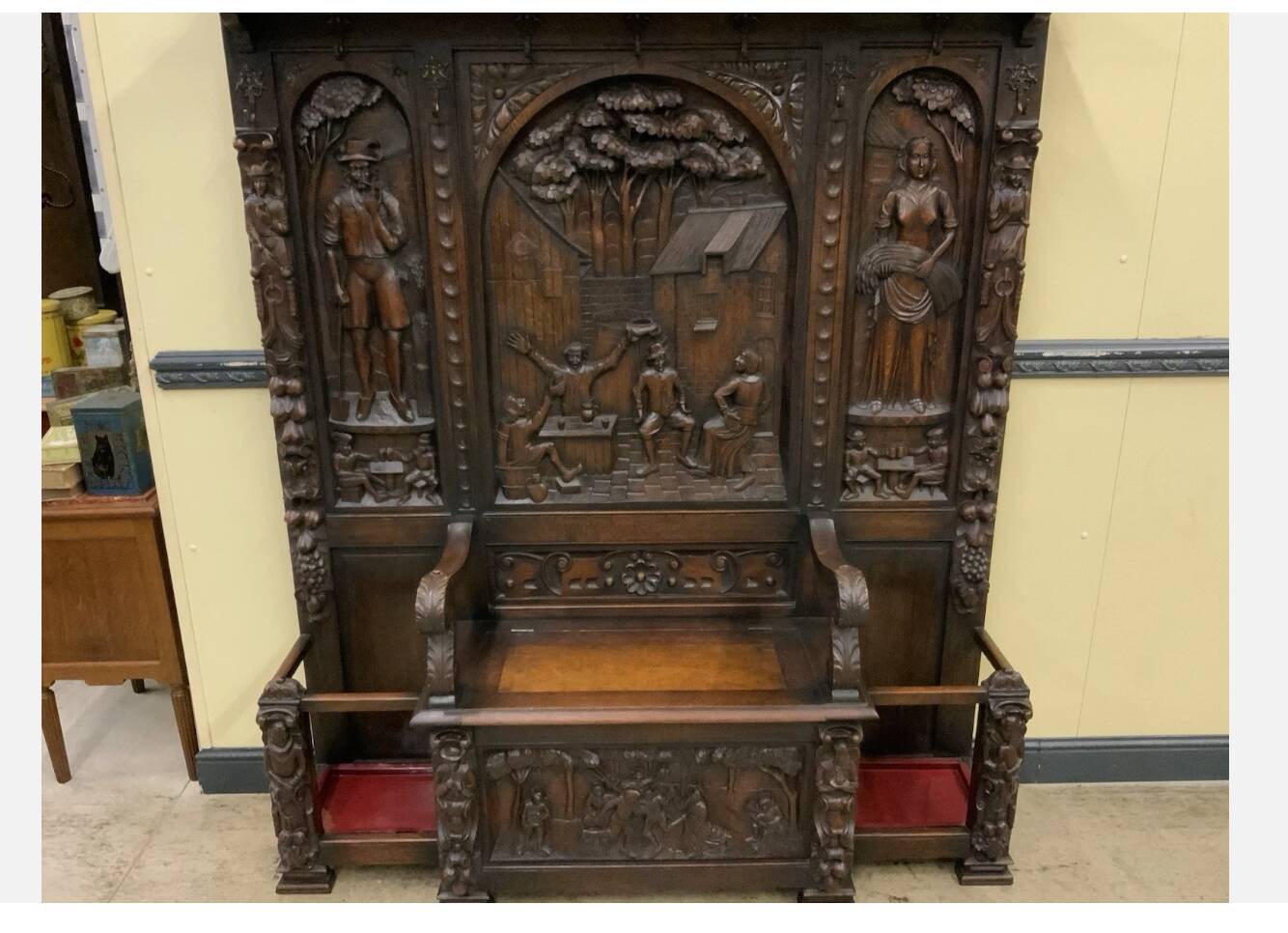 Antique impressive wardrobe with bench trunk.