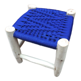 Traditional moroccan stool in blue nylon thread majorelle and eucalyptus wood
