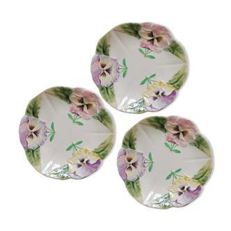 3 plates in slurry "Pensées" Choisy-le-Roi, nineteenth century