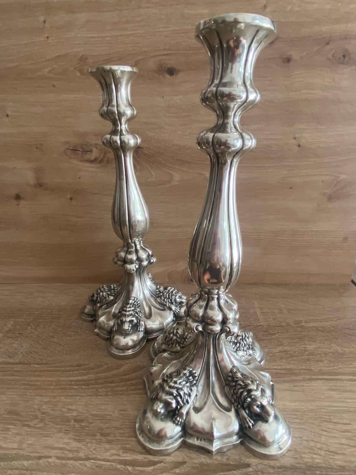 Antique Pair of Solid Silver Flambeaux Candlesticks with Unicorn Hallmark, Early X