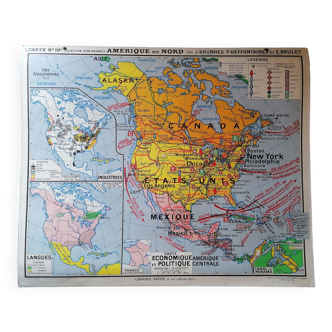 Ancienne carte scolaire Amérique du Nord par J. Brunhes.