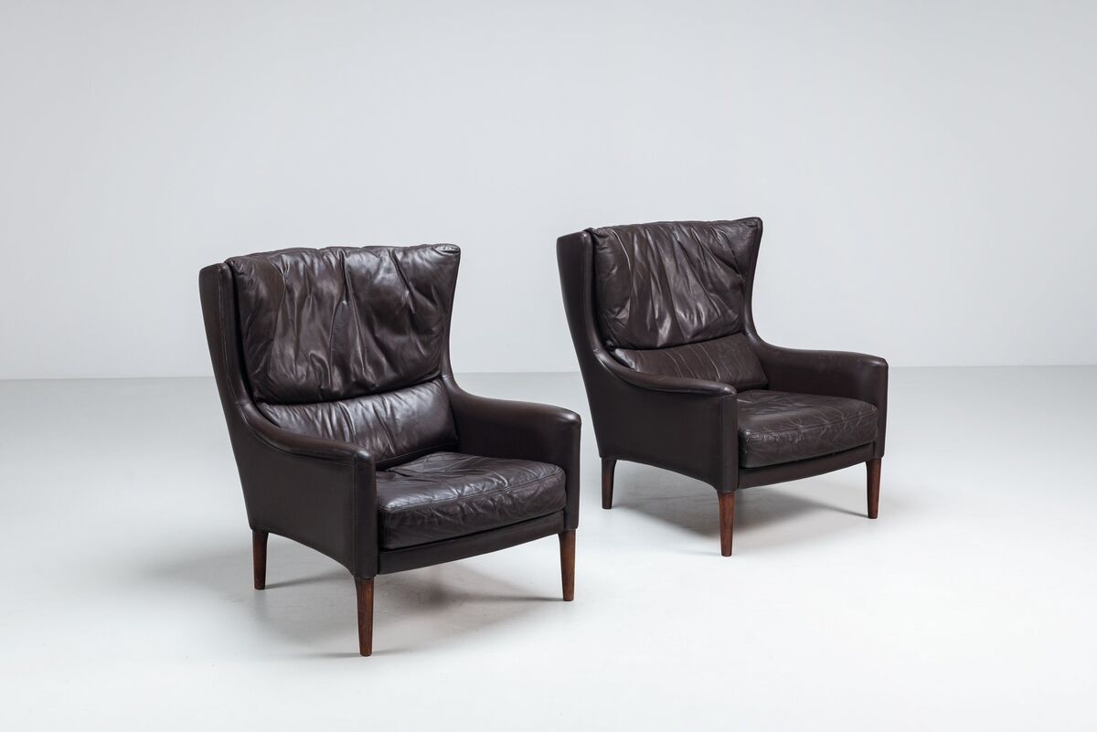 Pair of Durlet lounge chairs brown leather Belgium 1960
