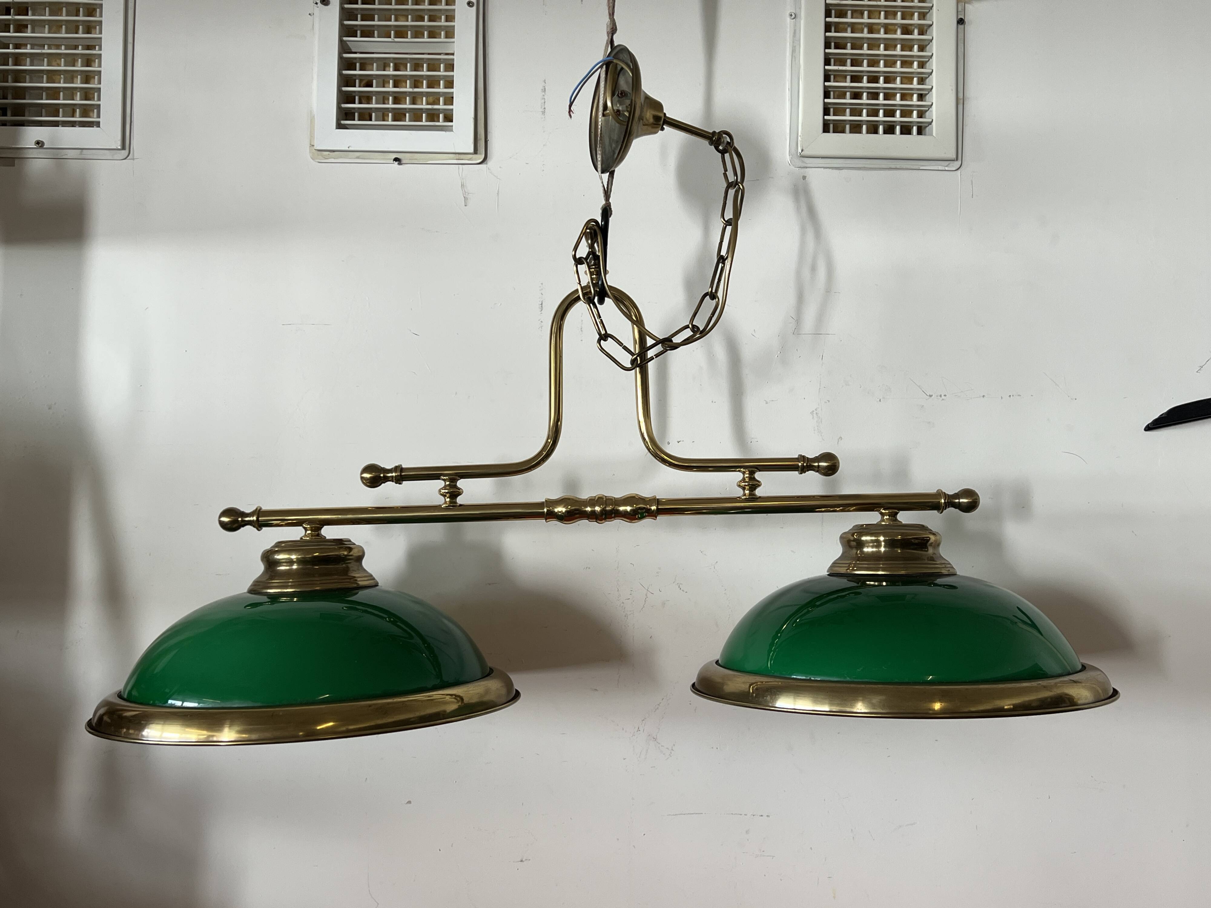 Lighting, billiard chandelier in brass and opaline