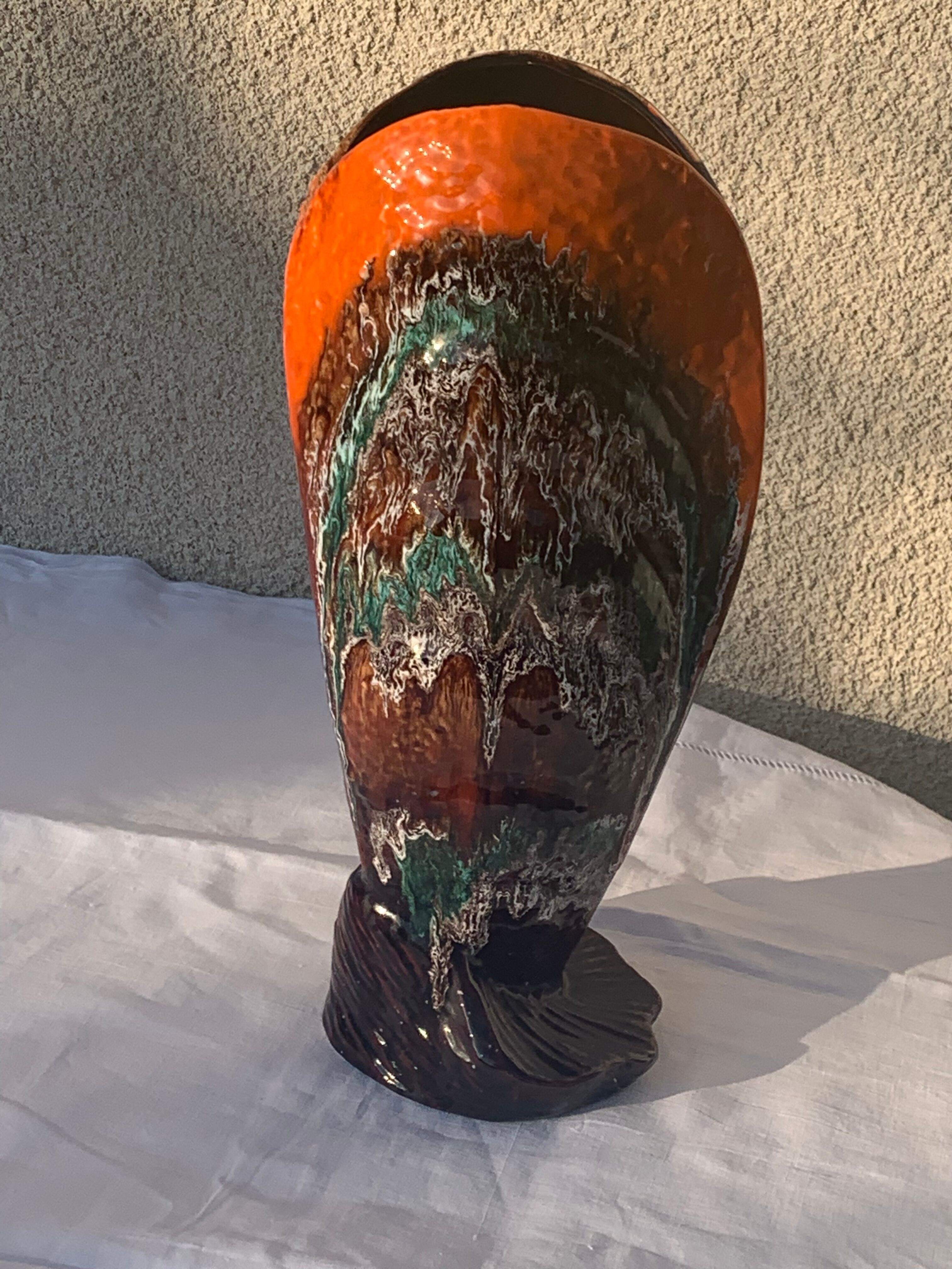 Flamed glazed ceramic slip vase molded pearly vintage vallauris