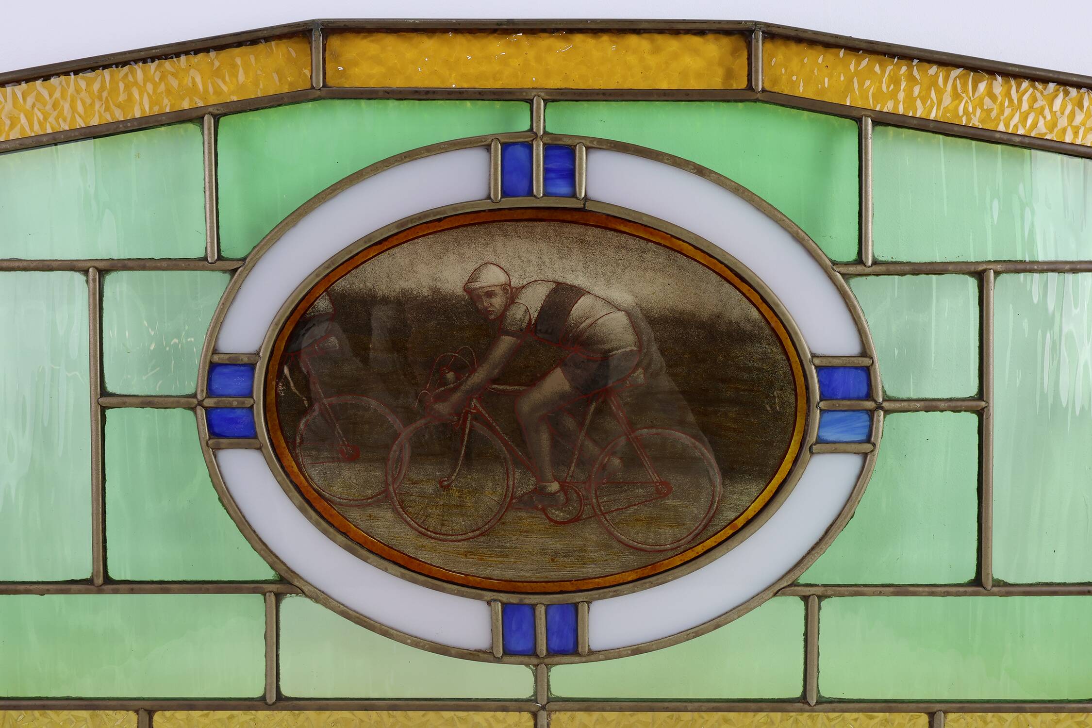 Art Deco Stained Glass Panel Depicting Cyclists in Motion, Belgium ca. 1910