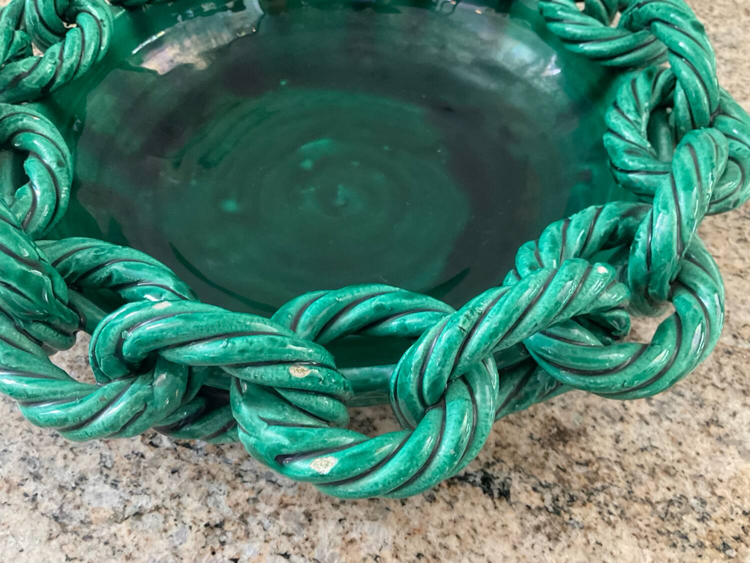 Large ceramic dish from Vallauris with green enamelled rope