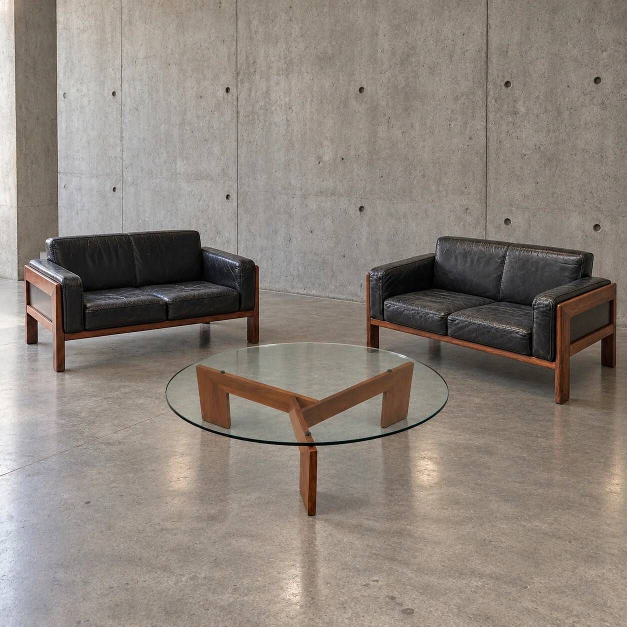 2 x canapé en rosewood italien des années 60 en cuir noir Bastiano par Afra Tobia Scarpa / Knoll / Gavina / années 1960