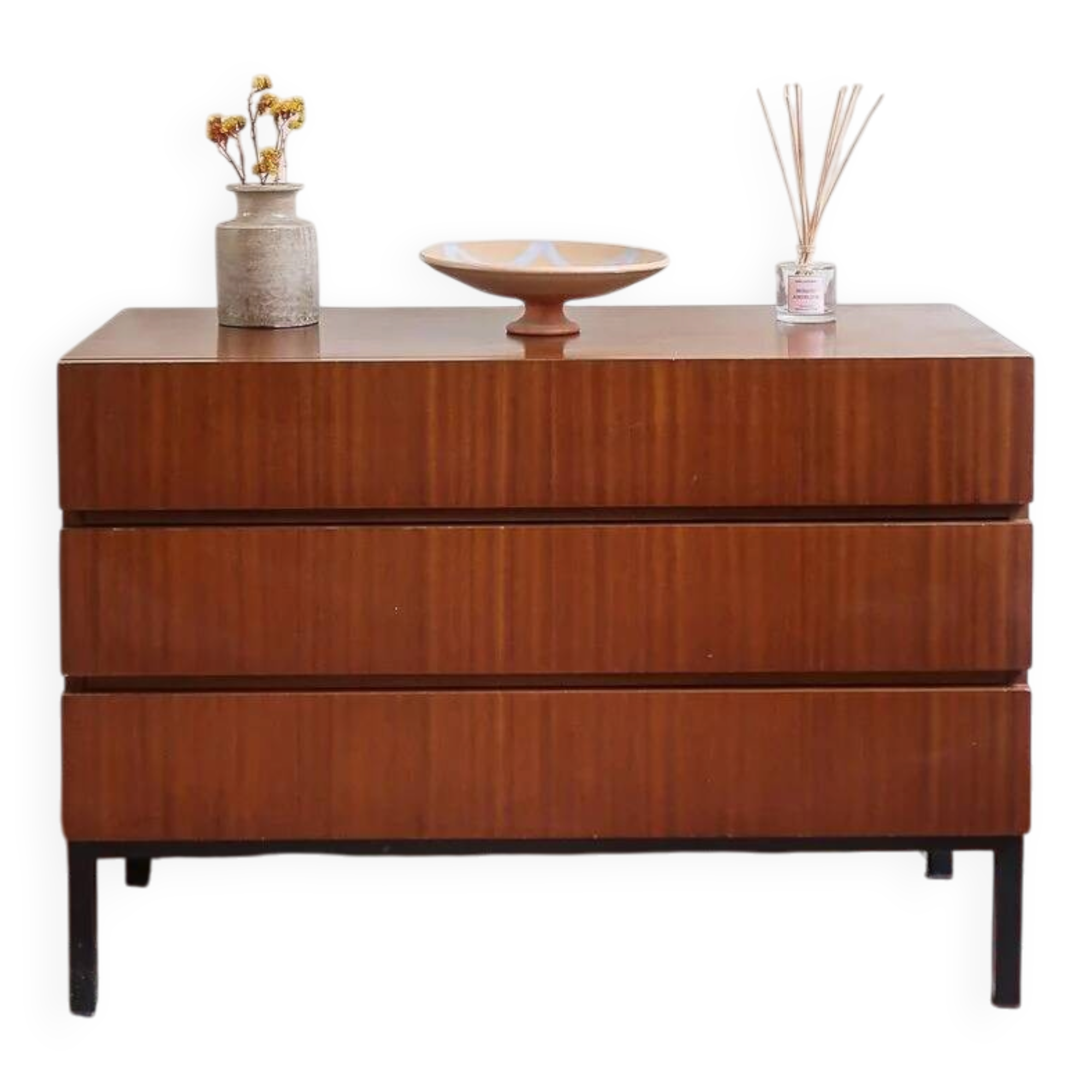 Teak chest of drawers with 3 drawers, black metal legs, 1960s.