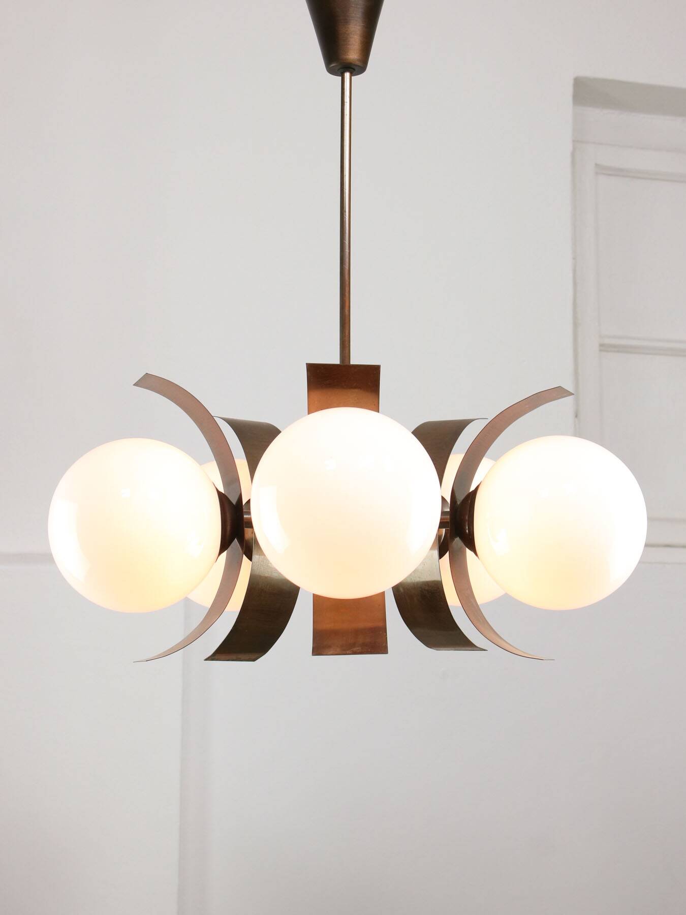 Vintage Italian Copper & Opaline Chandelier, 70s