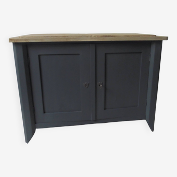Small low Parisian sideboard, 2 doors, 1 shelf, re-enchanted in slate gray, medium oak waxed top