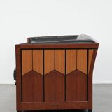 Art Deco  black leather 2.5-seater design sofa with beautiful woodwork