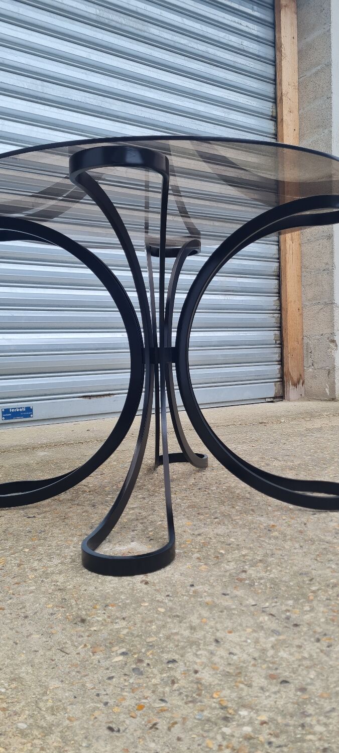 Space Age table in steel with smoked glass top, 1970