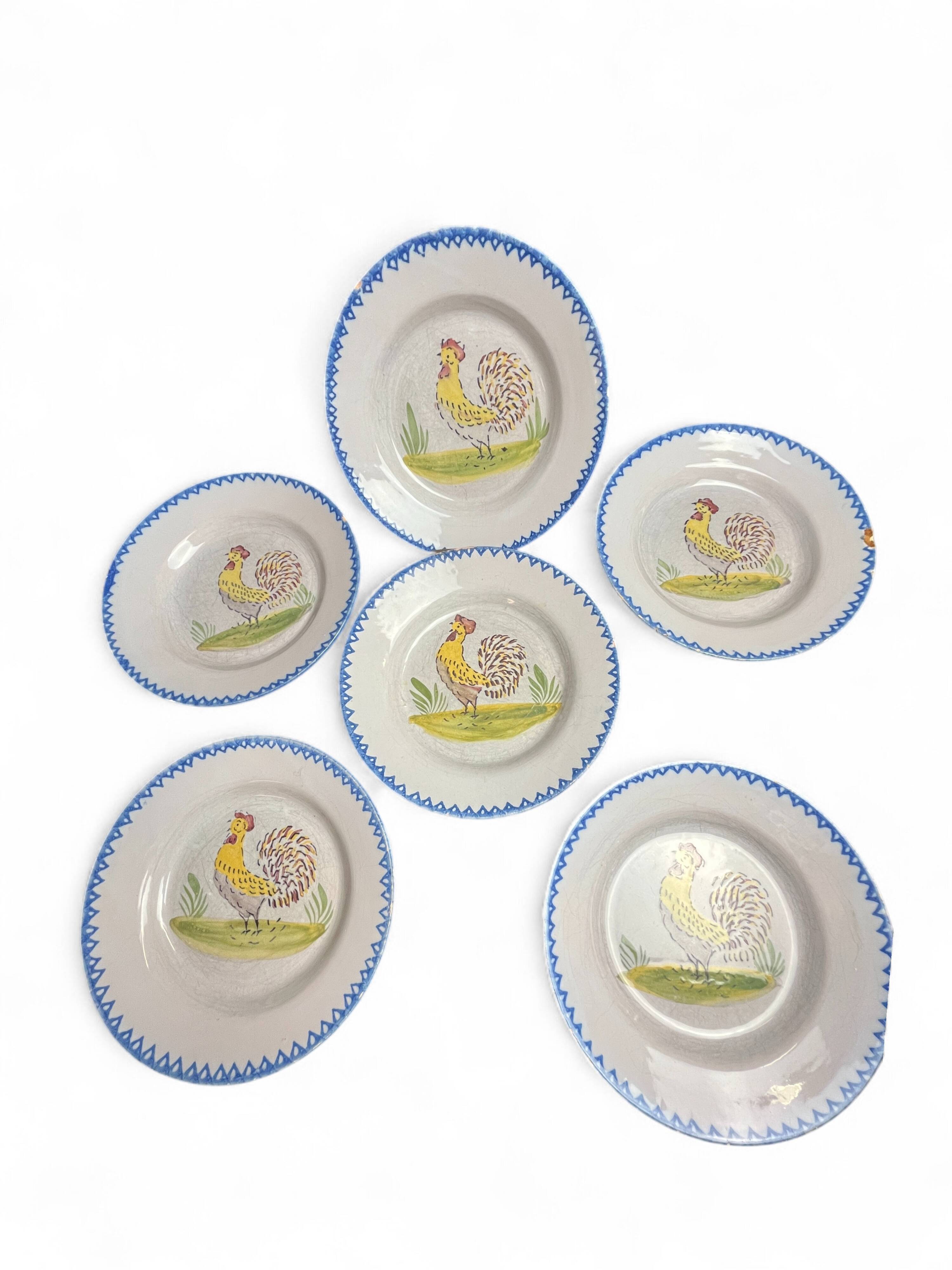 Série 6 assiettes faïence décor coq XXème