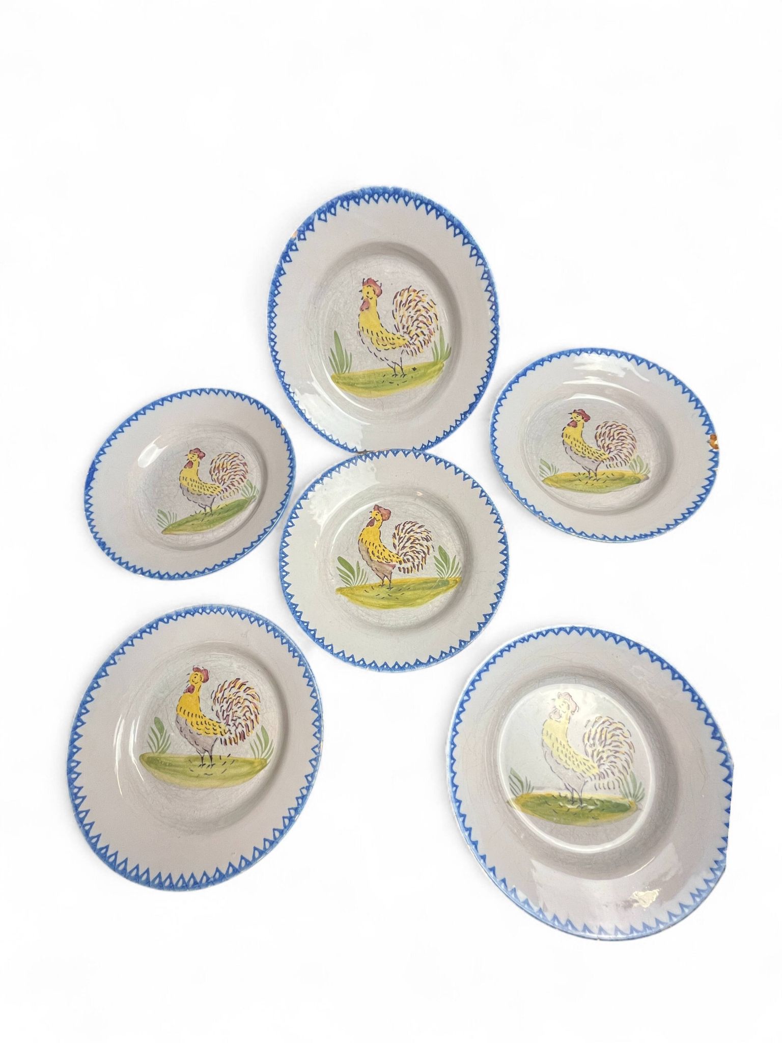 Série 6 assiettes faïence décor coq XXème