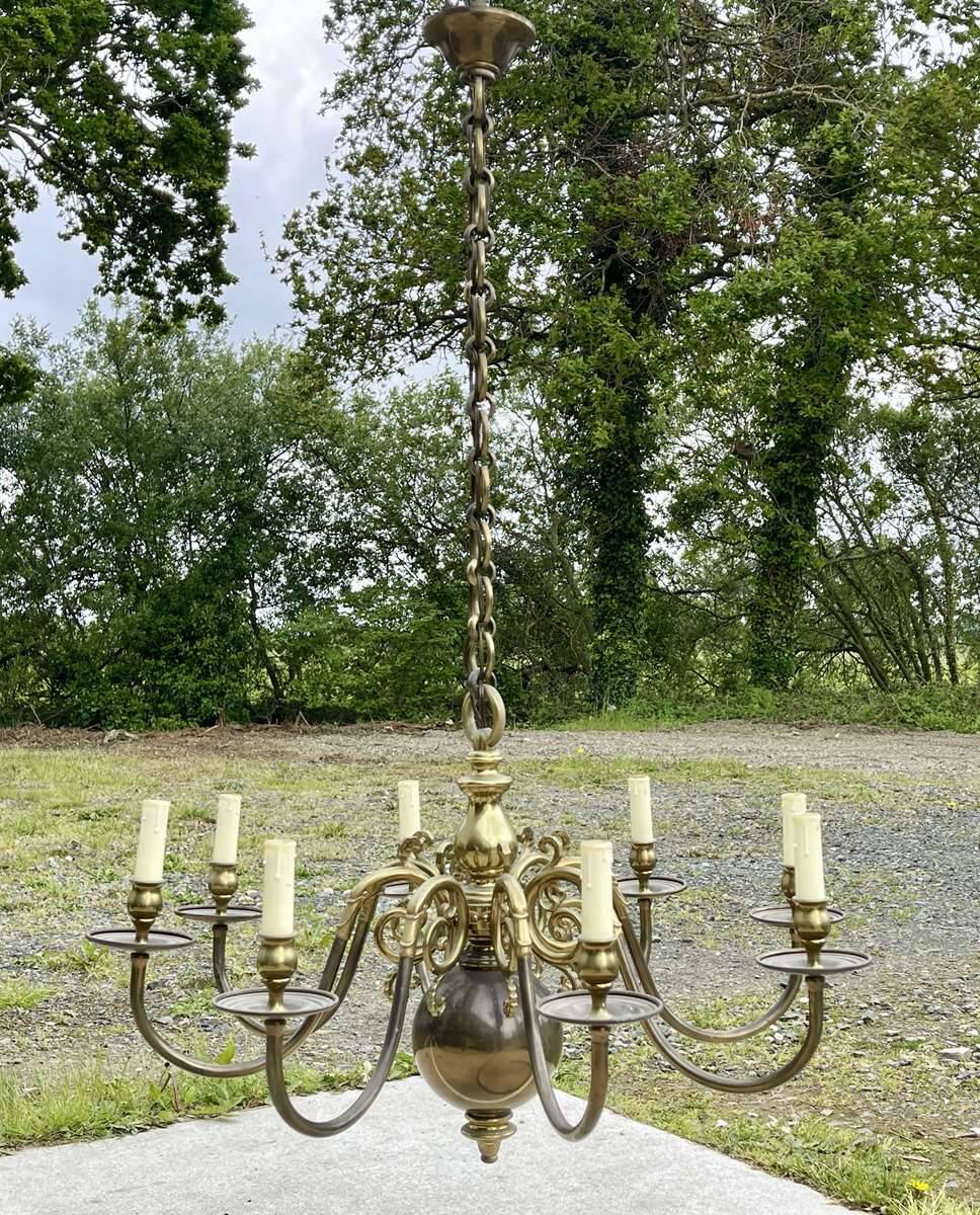 Lustre hollandais en laiton 8 feux années 60 - 85cmx1m23.