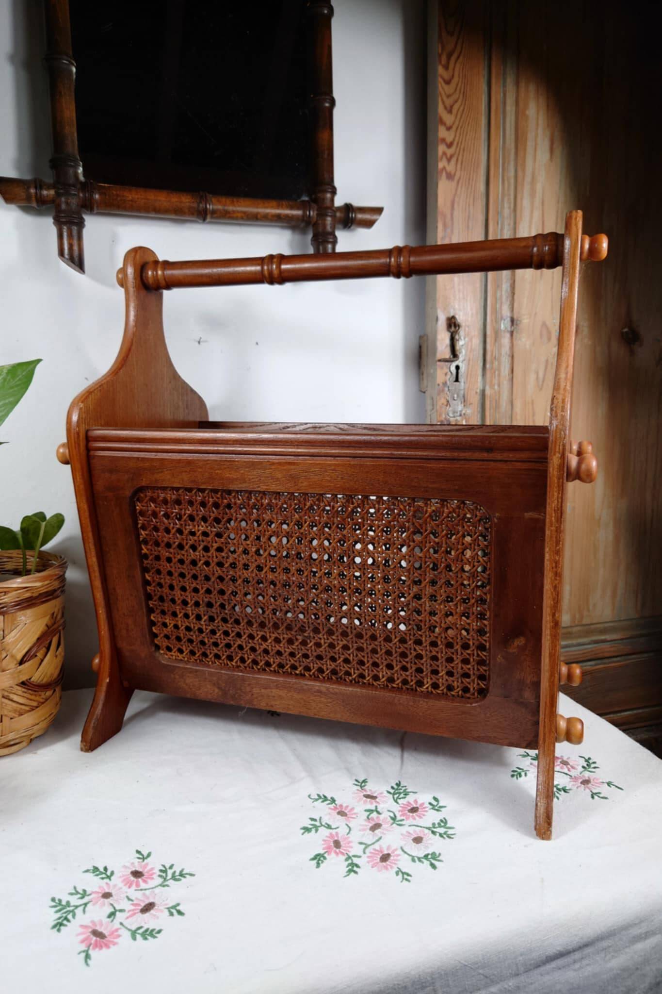Antique wooden and cane magazine rack