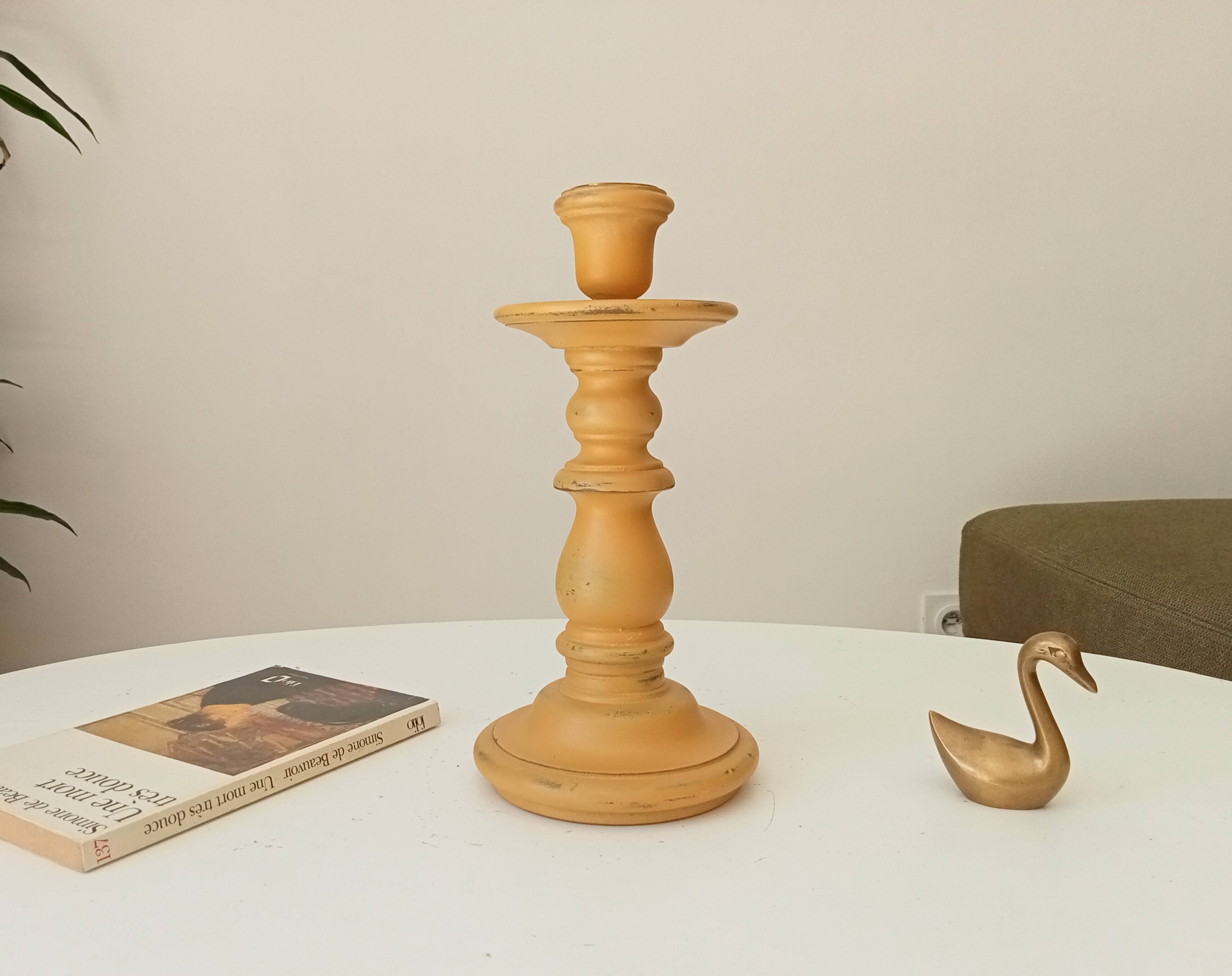 Vintage candle holder in weathered yellow wood