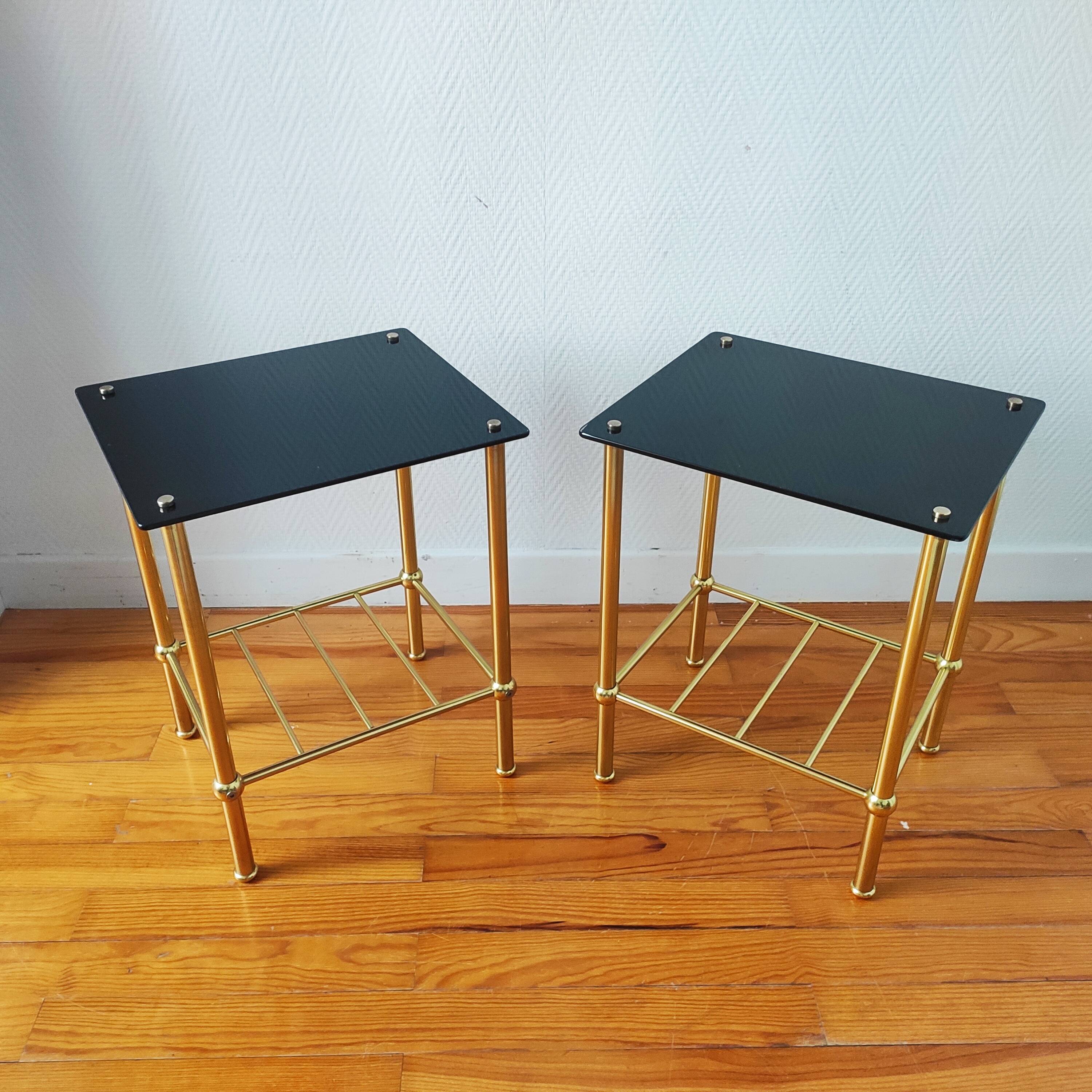 Pair of vintage 70s glass and brass sofa ends