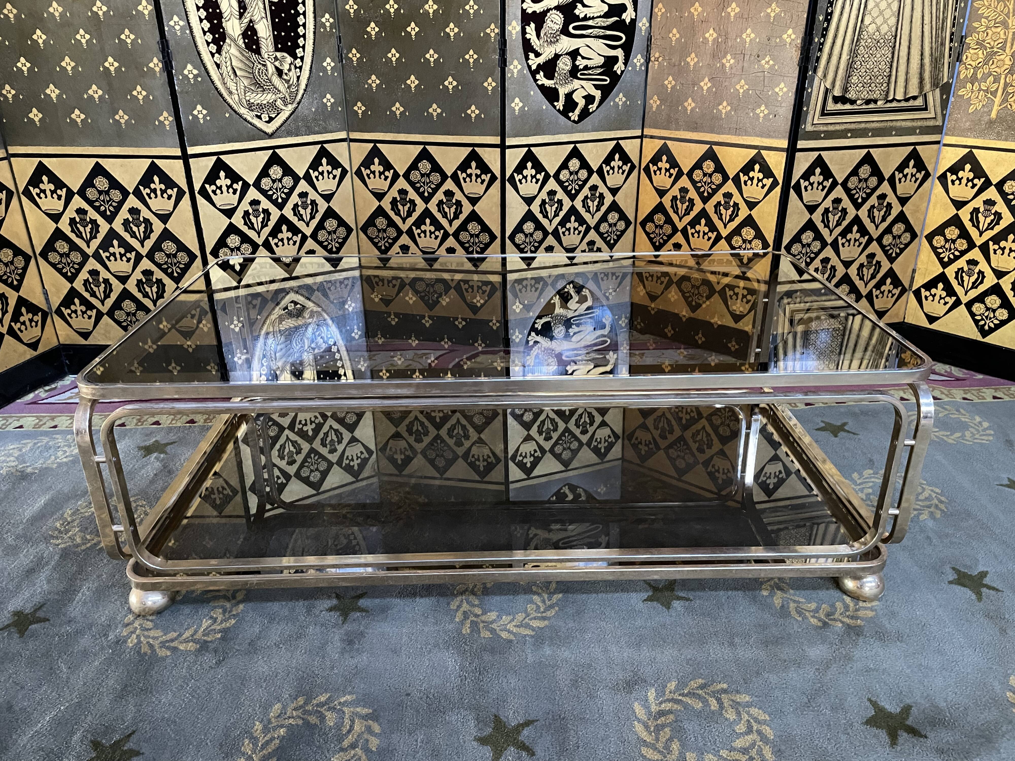 Coffee table in gilded metal and mirror glass with double top 1980