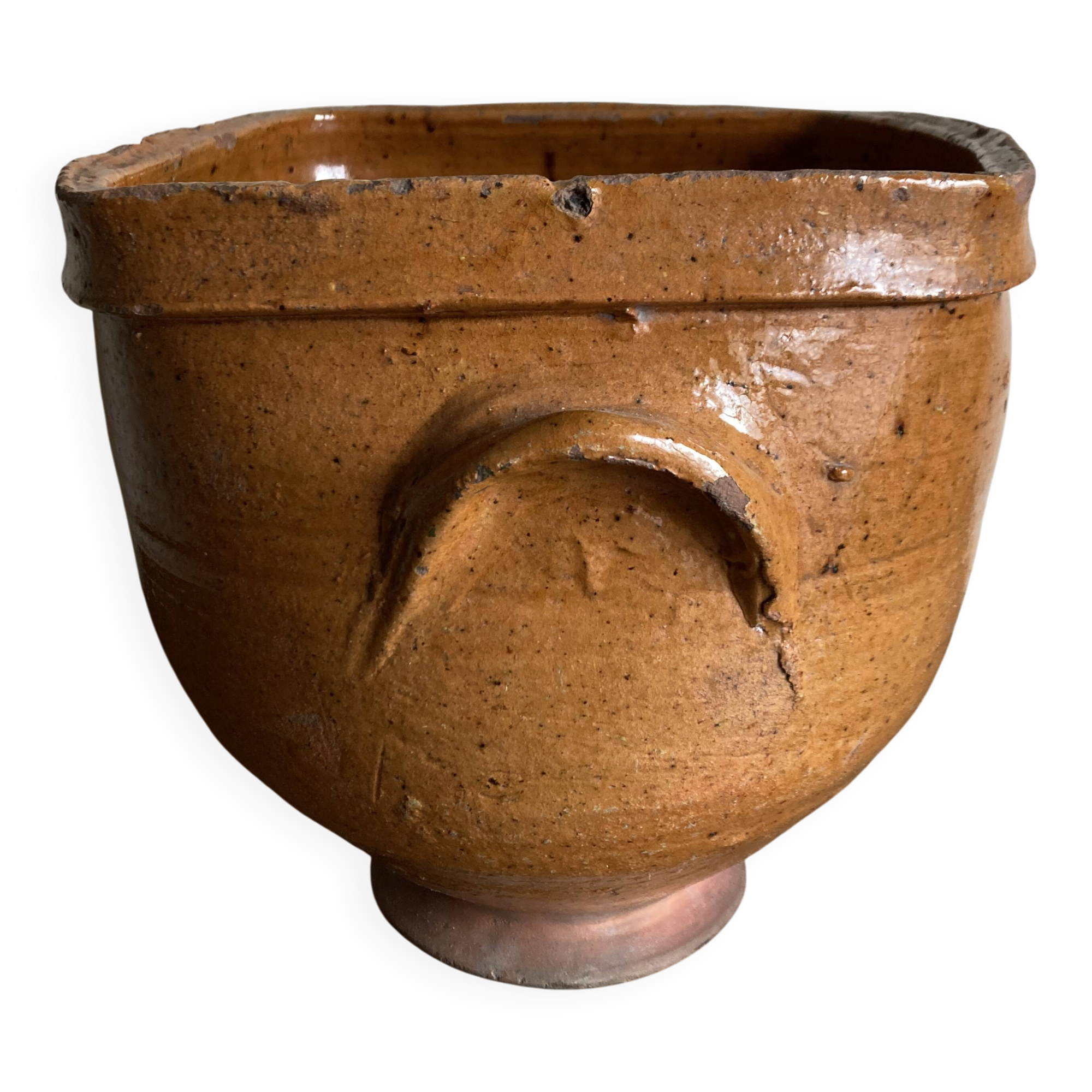 XXL glazed earthenware cache pot from the countryside, planter 1950