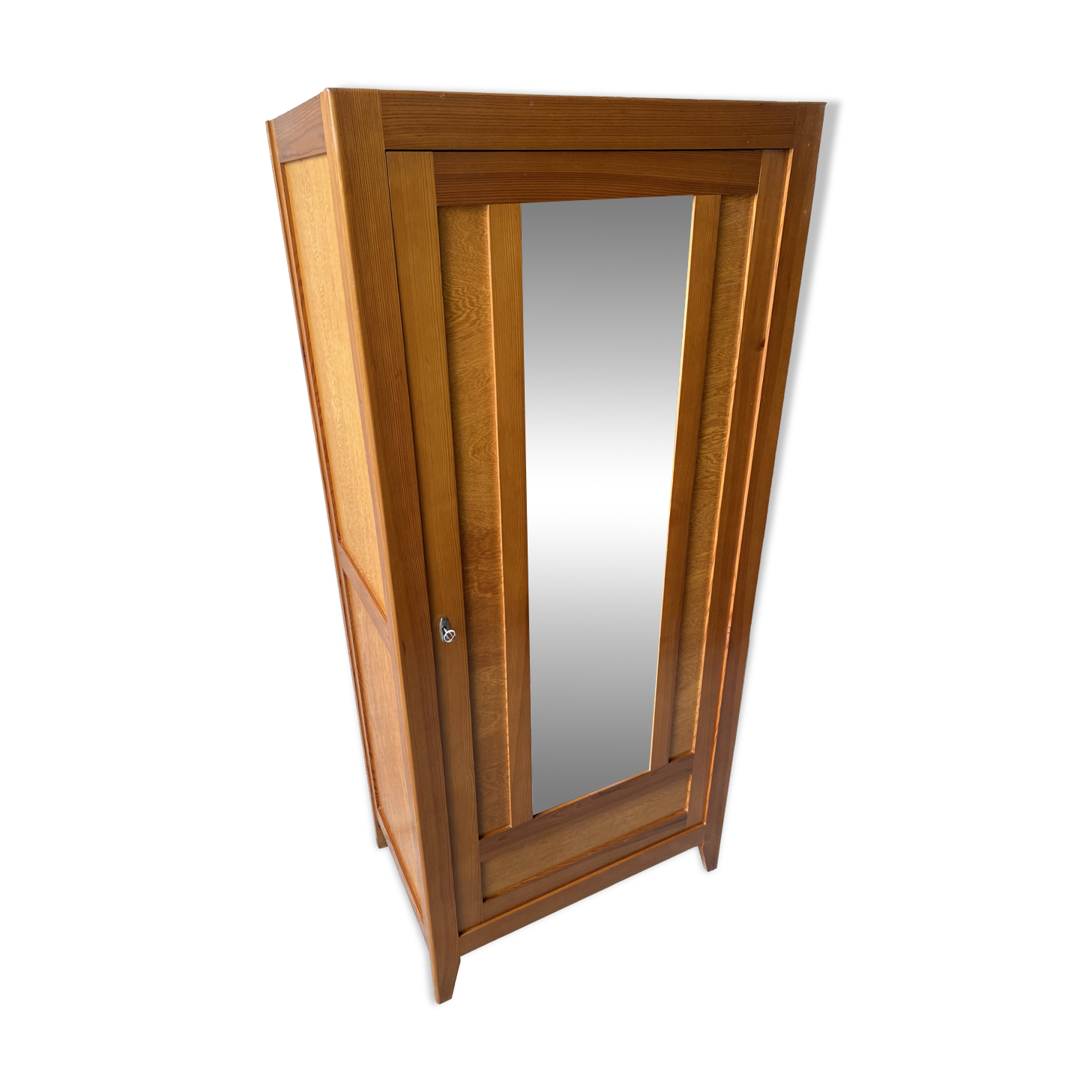 Vintage Parisian wardrobe with one mirrored door from the 60s in pine and wood