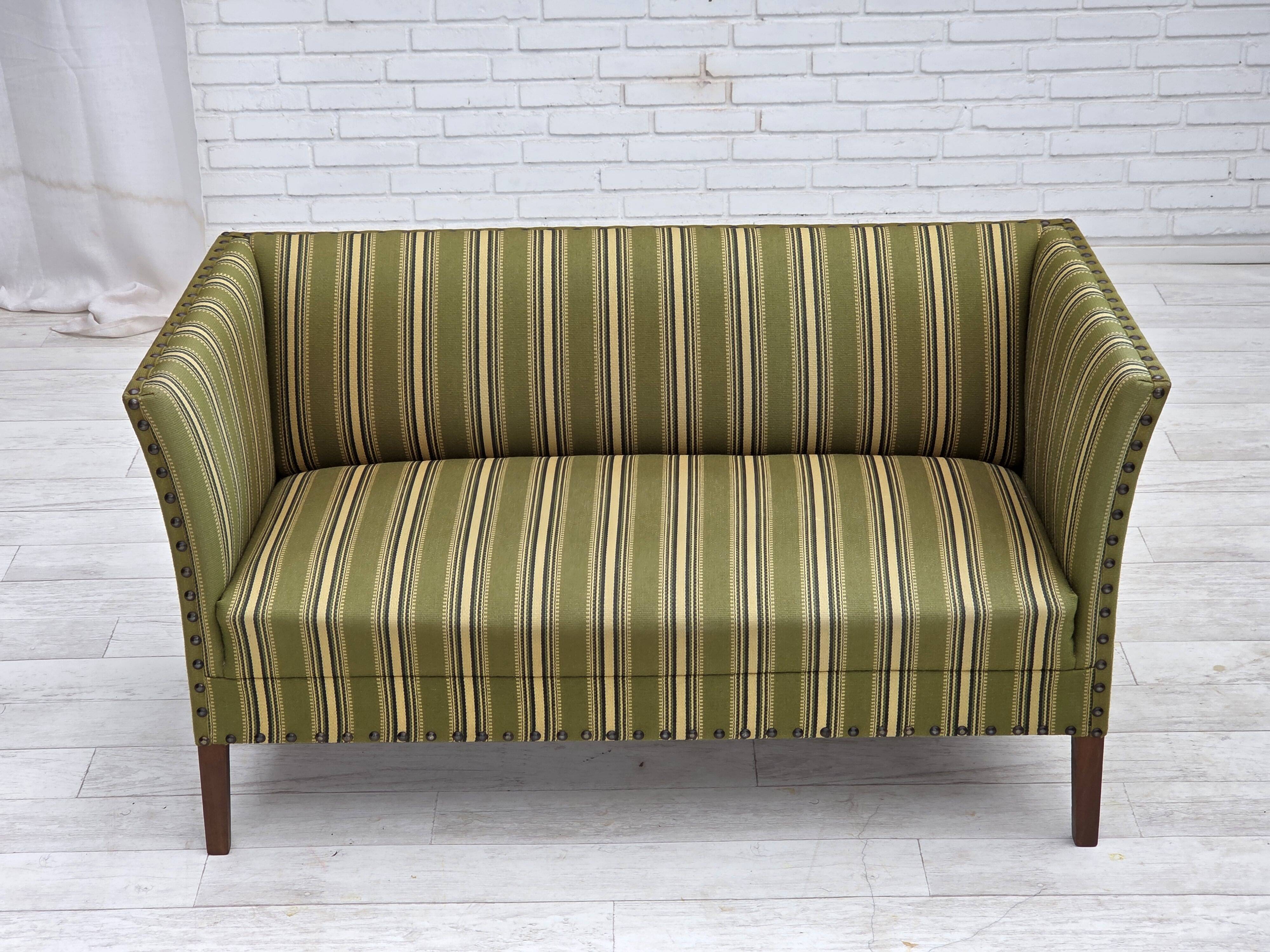 1970s, Danish 2-seater sofa, original green furniture wool, beech wood.