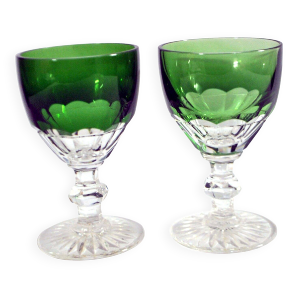 Lot de 2 verres à vin du Rhin en cristal taillé vert Roemer doublé H10.8cm