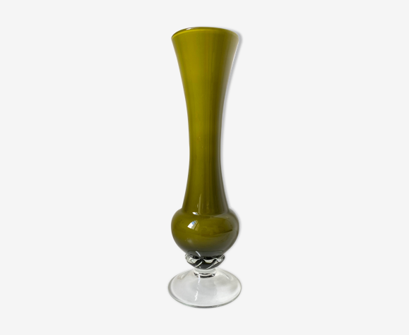 Vase soliflore en verre vert kaki ancien
