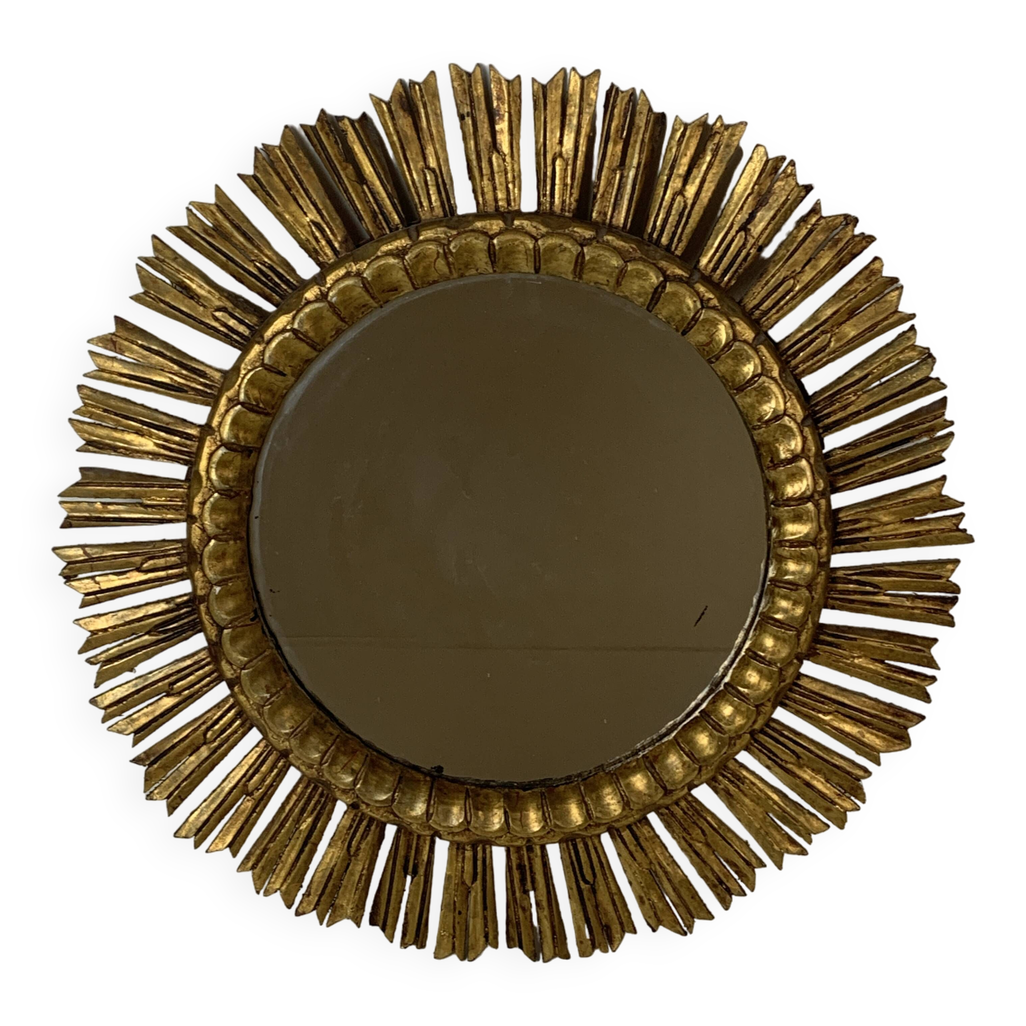 Large midcentury Spanish gold gilt wood sun or sunburst mirror, 1950s