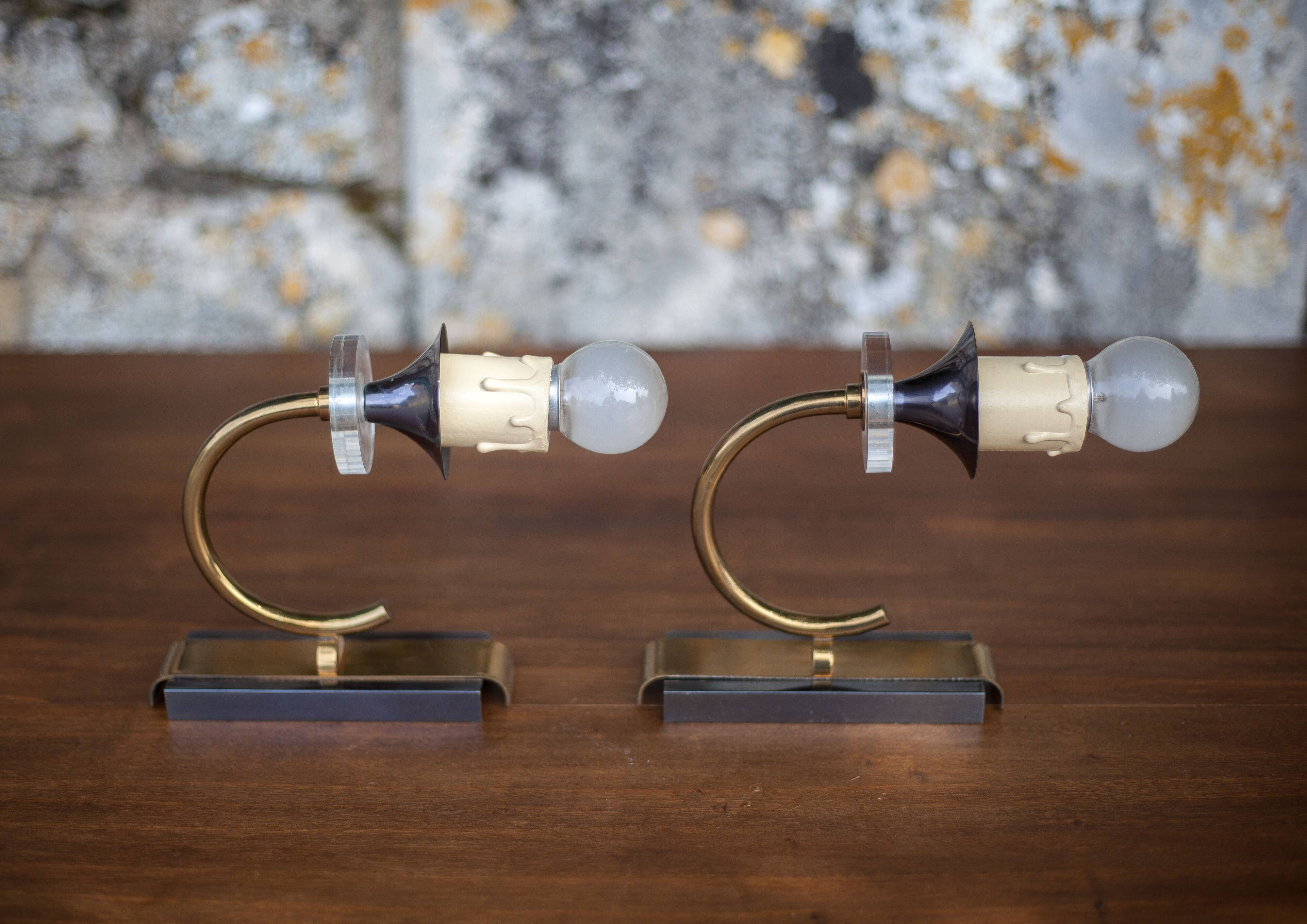 Pair of wall lamps, vintage wall lamp, two-tone brass wall lamp with lucite, lighting, decoration