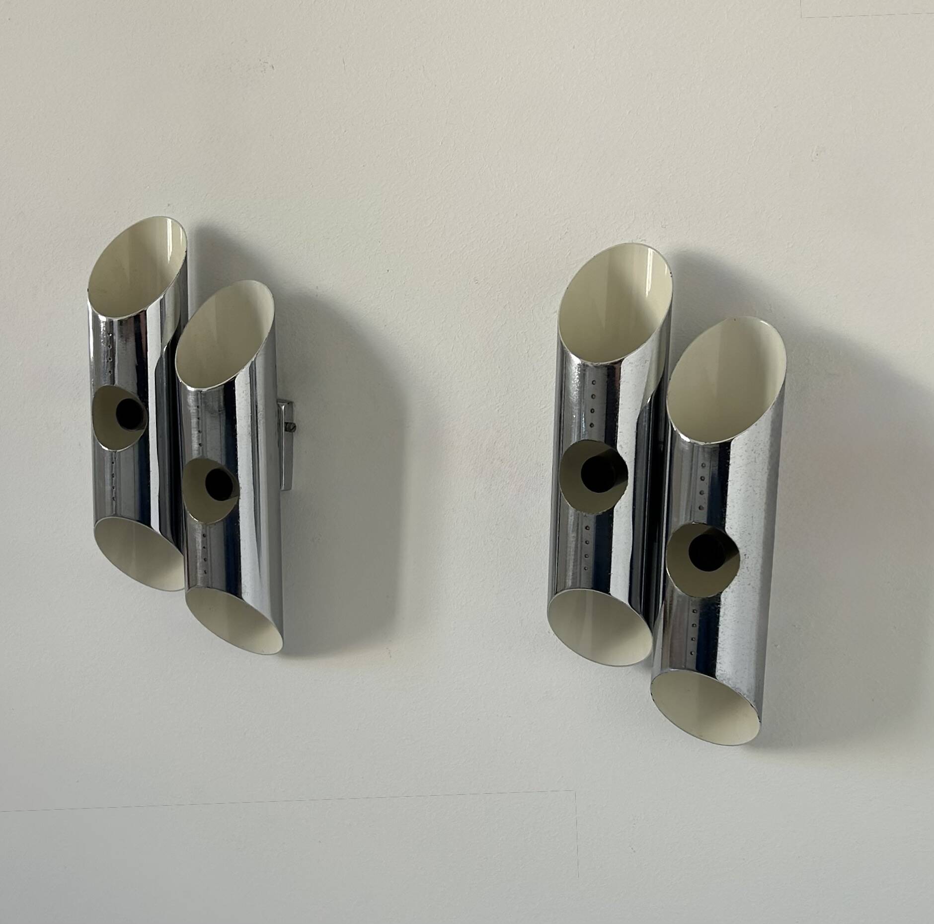 Pair of double wall lights, chrome metal, France, 1960