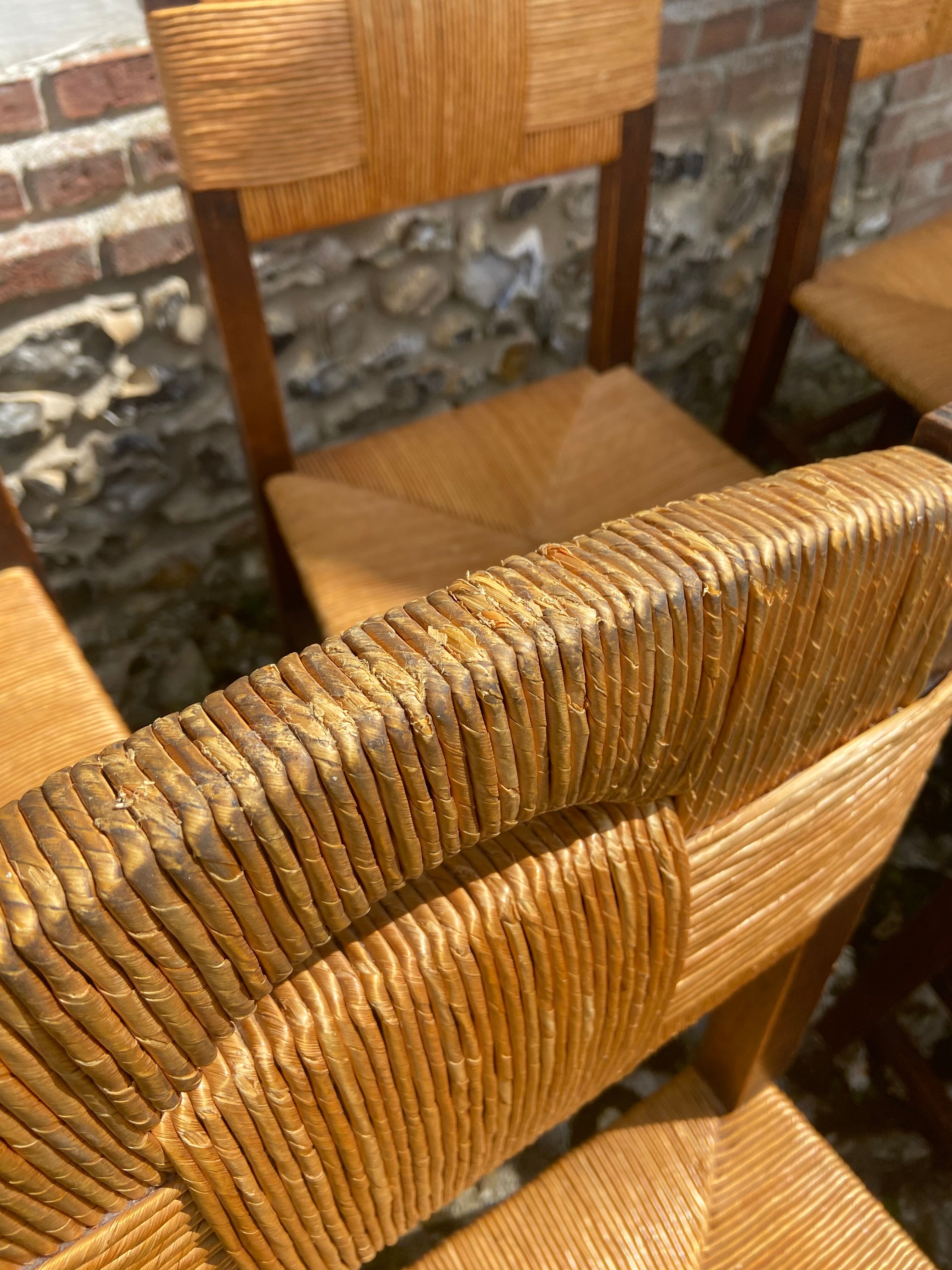 Six brutalist chairs straws and wood 60s