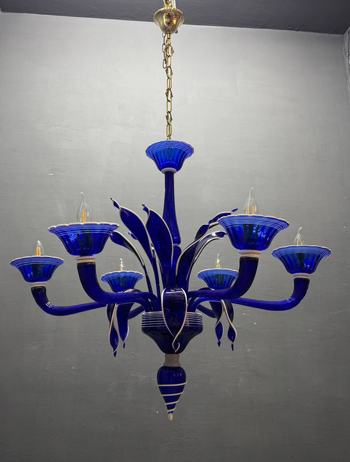 Vintage Blue and White Murano Chandelier, Italy, 1980s