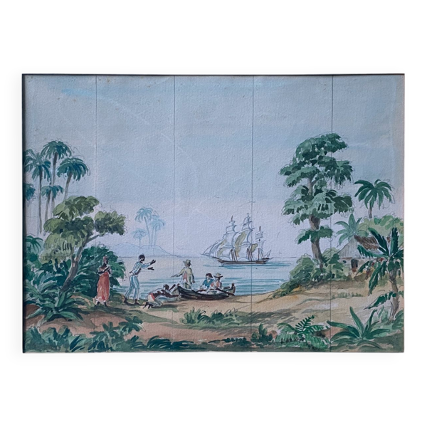 Tableau Aquarelle étude ''Scène coloniale'' Conquête de l'Amérique