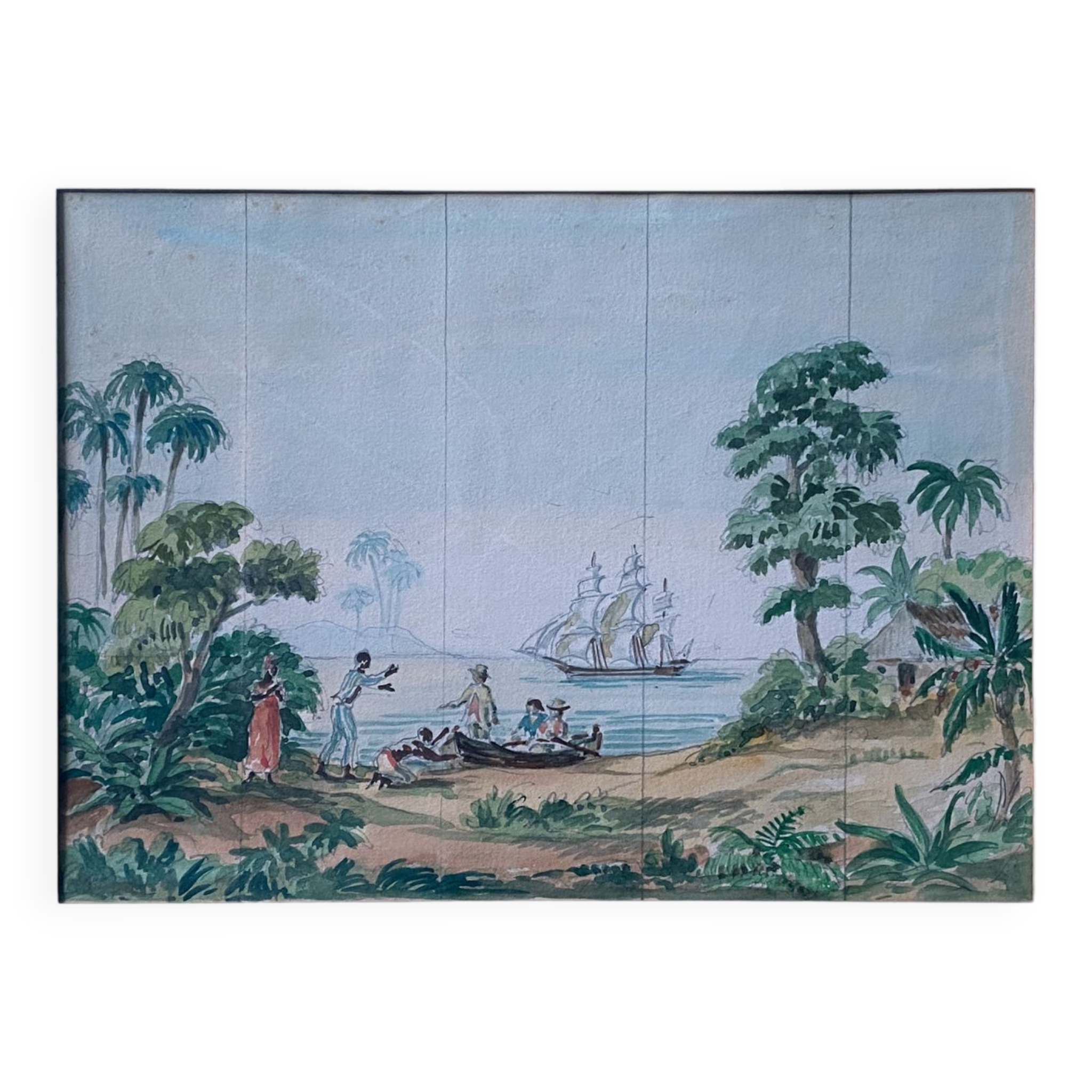 Tableau Aquarelle étude "Scène coloniale" Conquête de l'Amérique