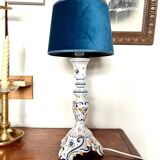 Rouen earthenware and blue velvet table lamp