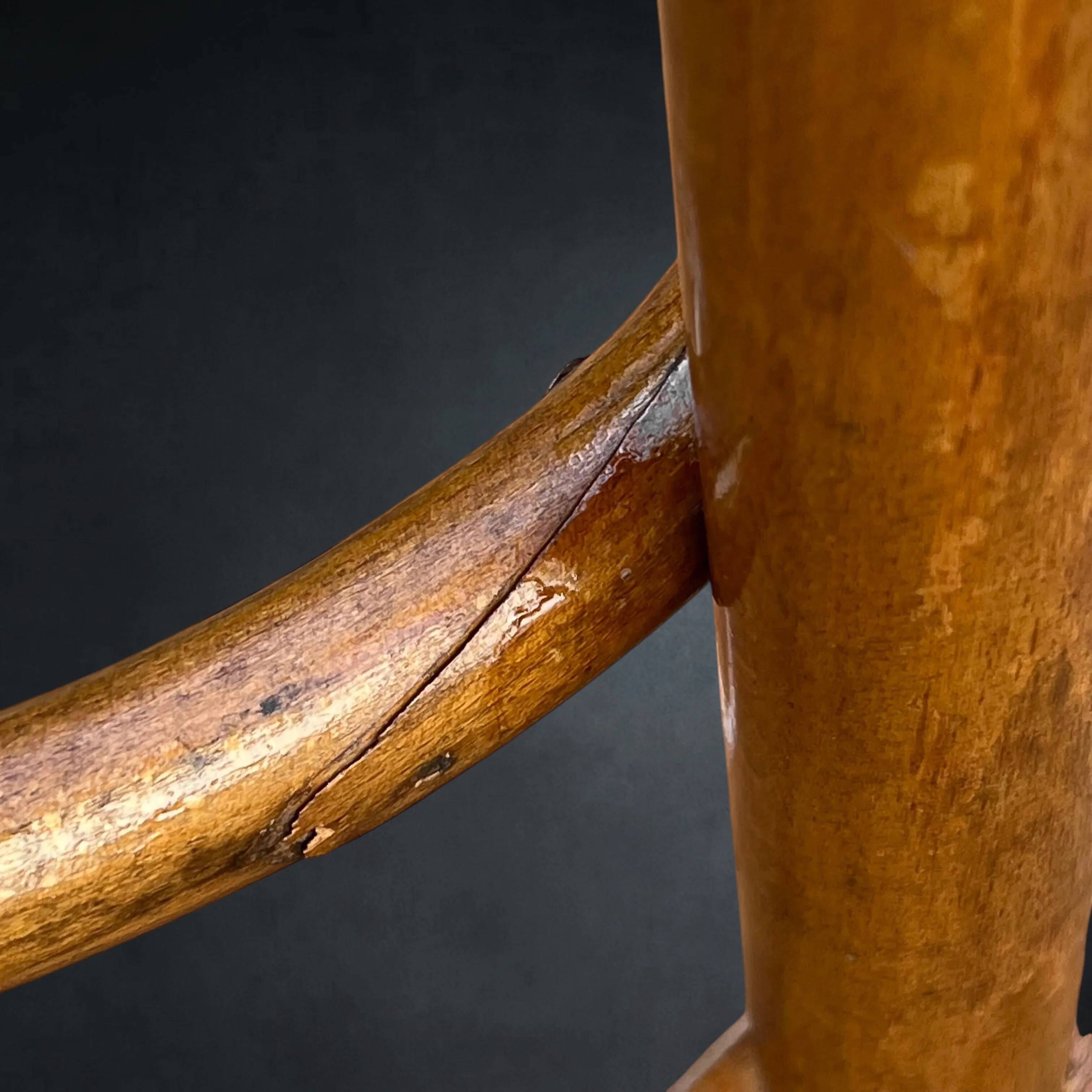 Antique high bistro stool in curved wood with a floral decorated top, Thonet style – around 1900