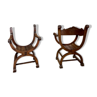 Pair of curule armchairs "dagobert" in walnut period napoleon iii