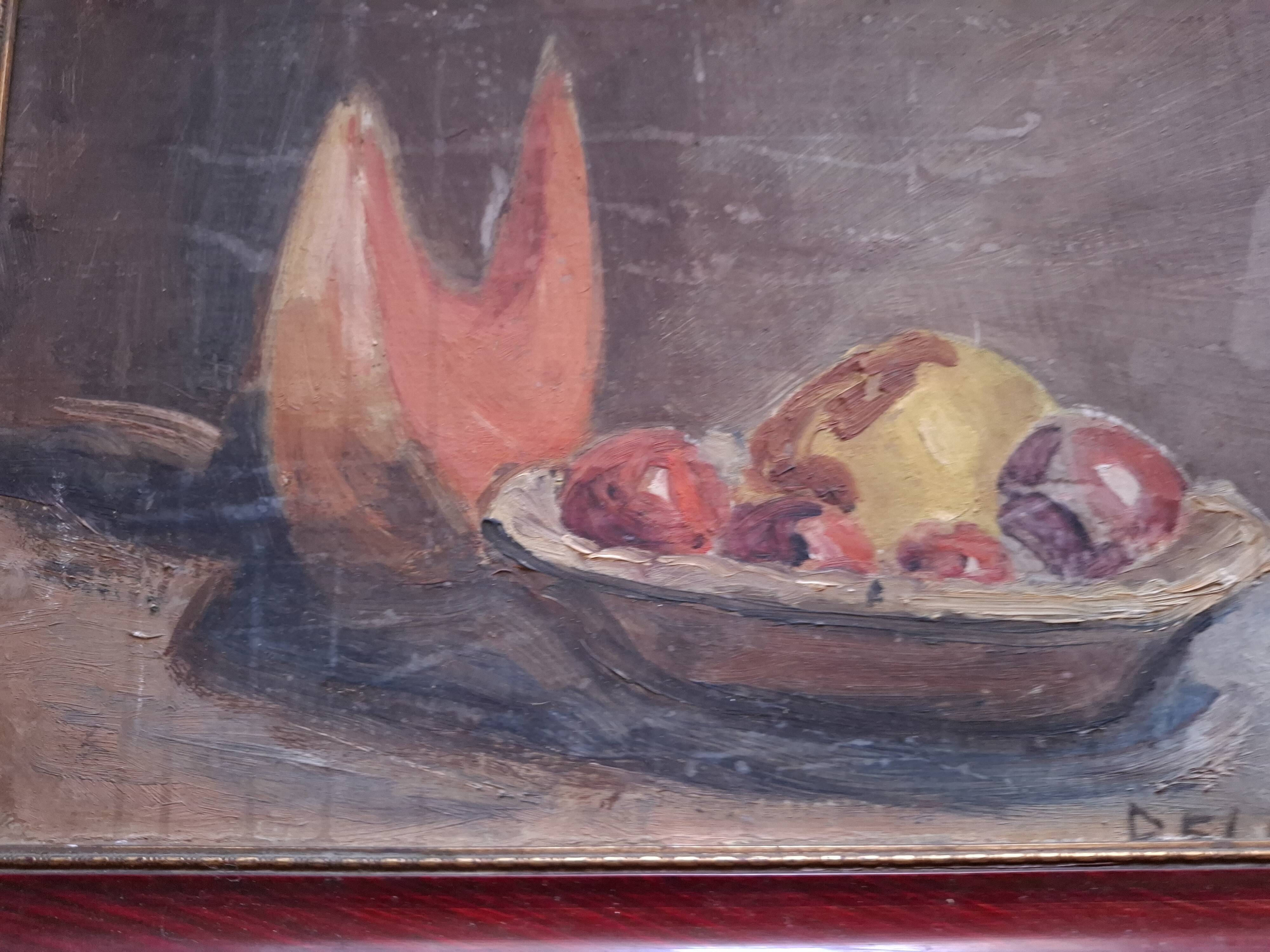 Tableau , huile sur carton  , nature morte coupe de fruit signée Bello