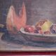 Tableau , huile sur carton  , nature morte coupe de fruit signée Bello