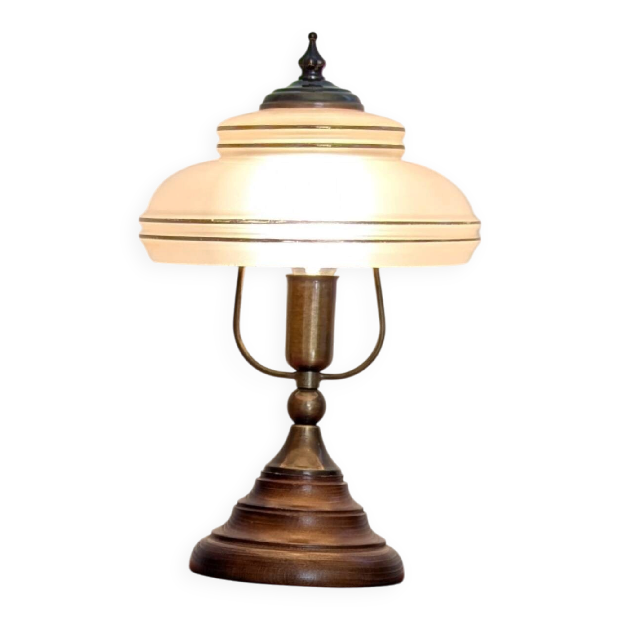 Vintage lamp made of turned wood, brass, and frosted glass.