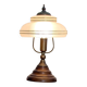 Vintage lamp made of turned wood, brass, and frosted glass.