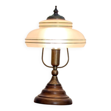 Lampe vintage en bois tourné, laiton et verre dépoli