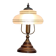 Vintage lamp made of turned wood, brass, and frosted glass.