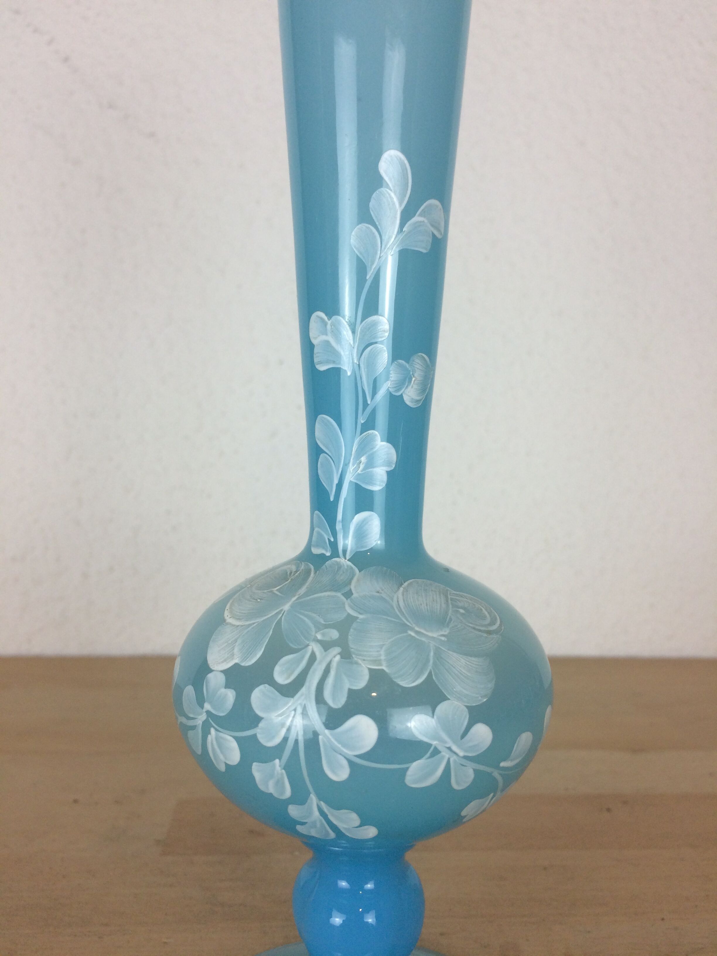 Enamelled opaline vase, blue soliflore
