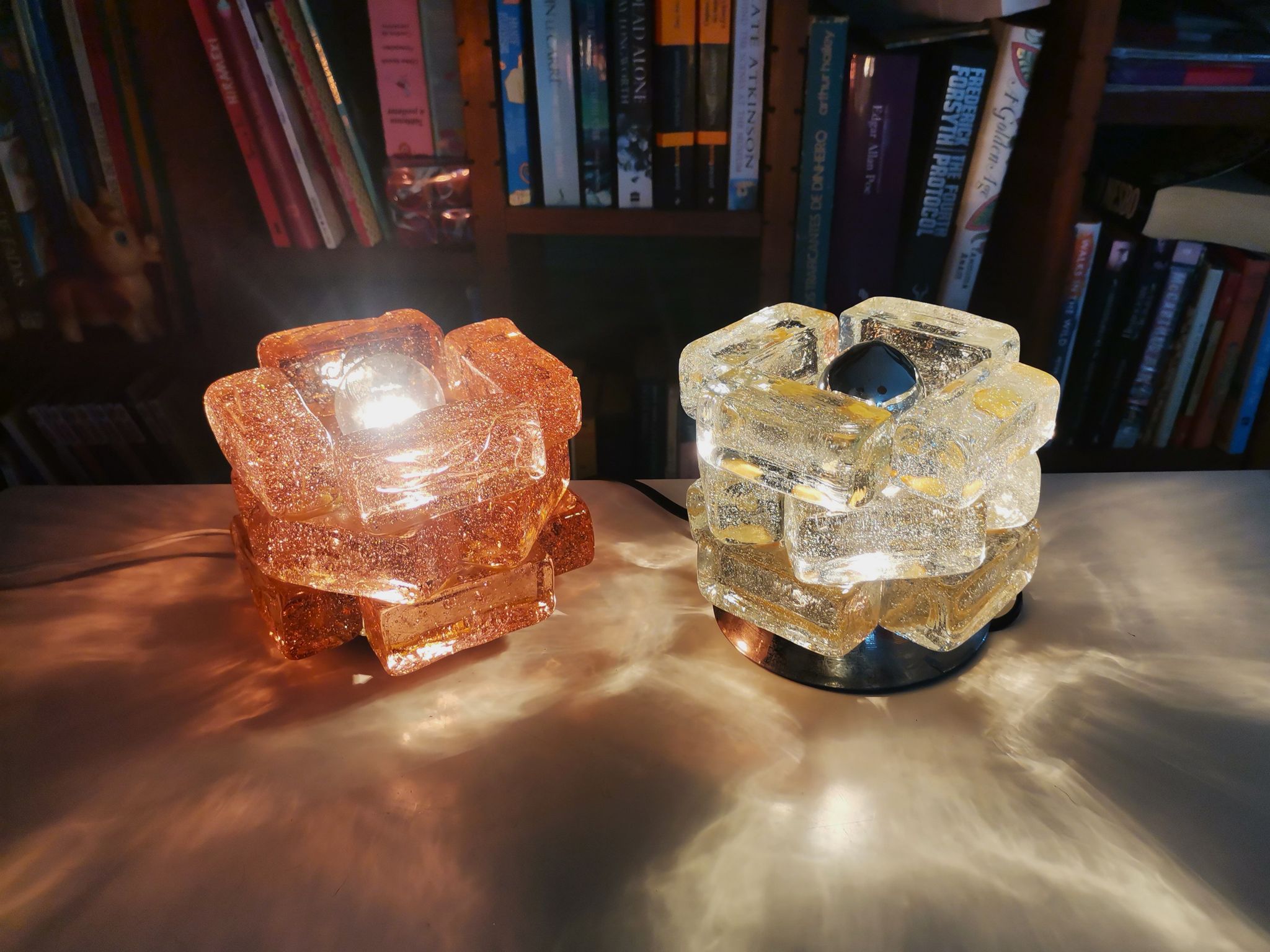 Brutalist solid bubble glass clear and red table lamps 1960s, set of 2