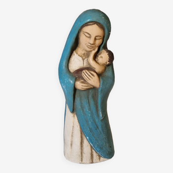 Vierge a l'enfant en gres polychrome